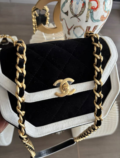 Chanel Seasonal Flap Bag, Black and White Velvet with Gold Hardware