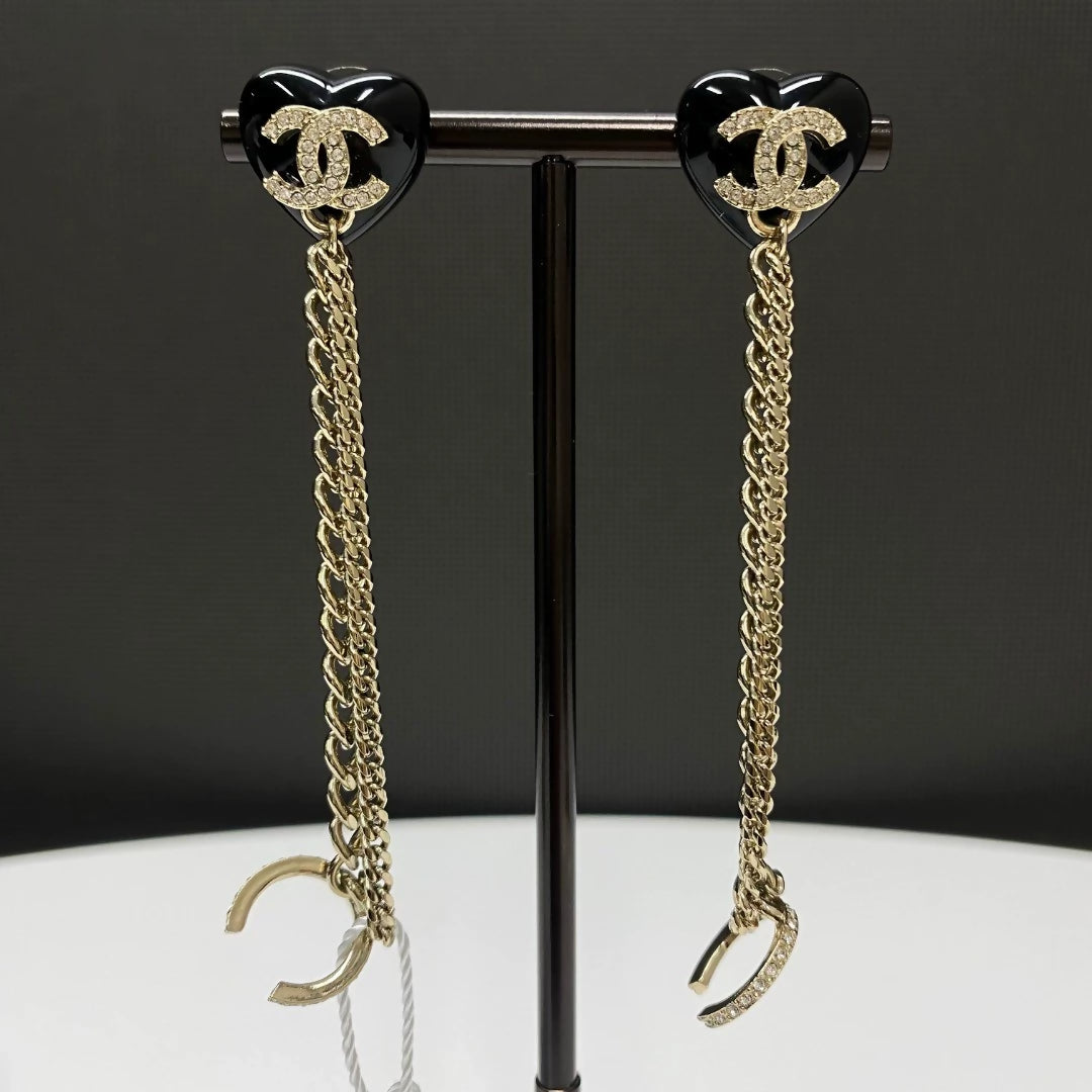 CHANEL 22B black rhinestone heart long chain earrings