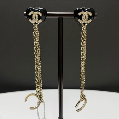 CHANEL 22B black rhinestone heart long chain earrings