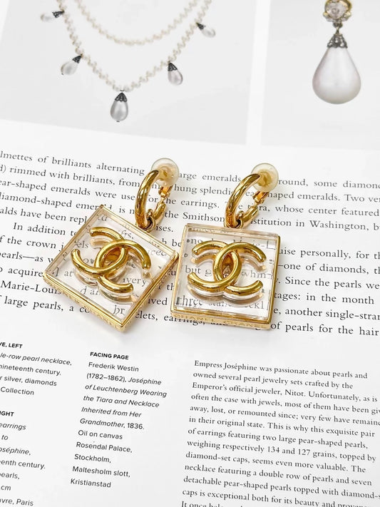 Chanel 23S gold transparent double C square acrylic earrings