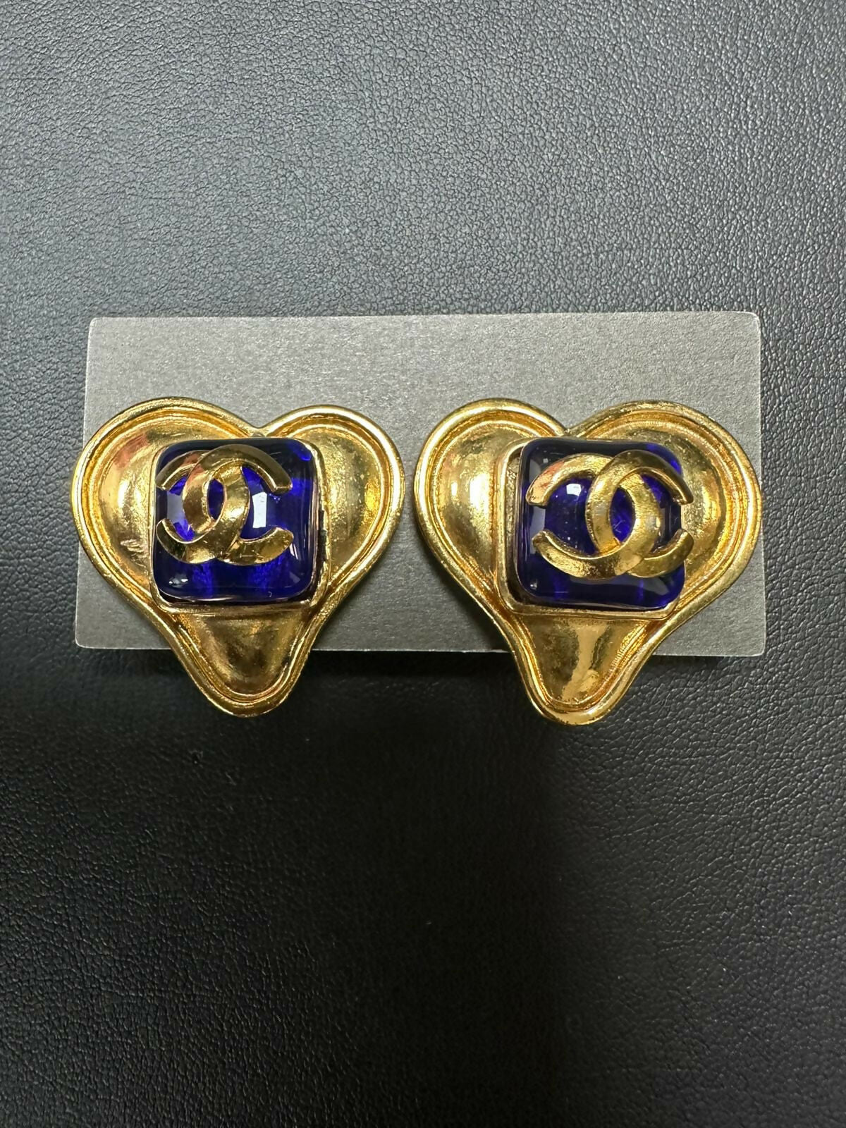 Chanel Vintage 95P Gripoix Blue & Gold Plated Heart Clip-on Earrings