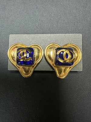 Chanel Vintage 95P Gripoix Blue & Gold Plated Heart Clip-on Earrings