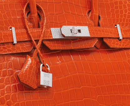 Hermes Birkin 30 Orange Shiny Porosus crocodile leather White gold Diamond hadaware