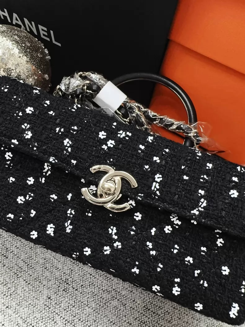 Chanel 23K black tweed camellia sequined long box ba