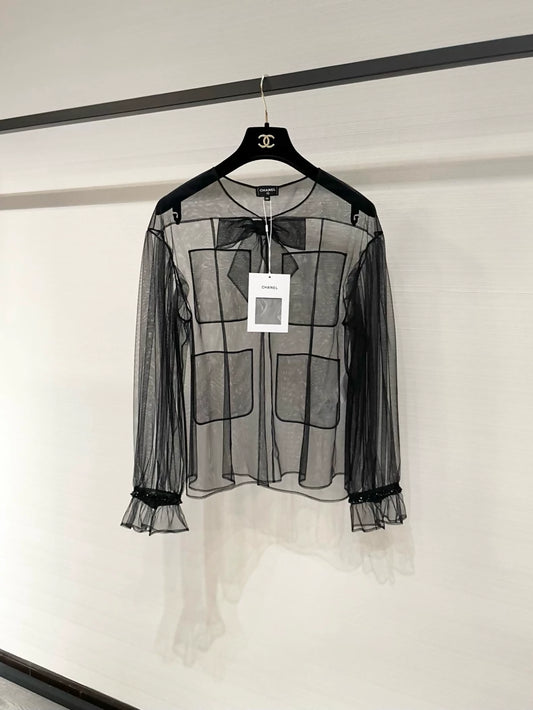 Chanel 25K black tulle blouse with bow