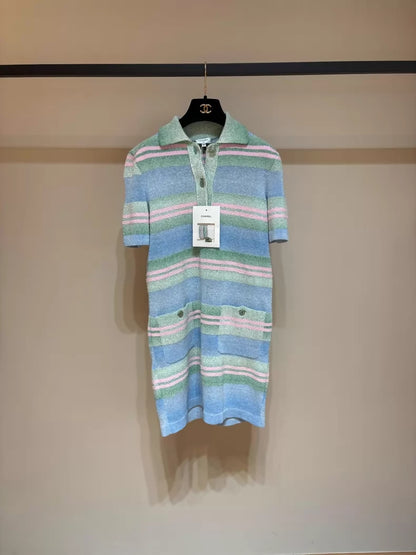 Chanel 23p blue, mint green and pink striped knit dress