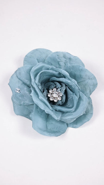Chanel 25A Blue Camellia Rhinestone Brooch