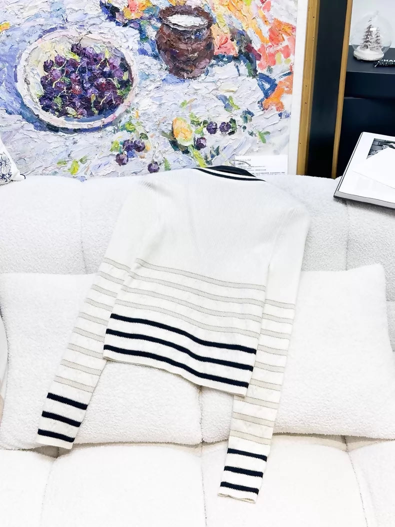 Chanel 22B cashmere black and white striped knit cardigan