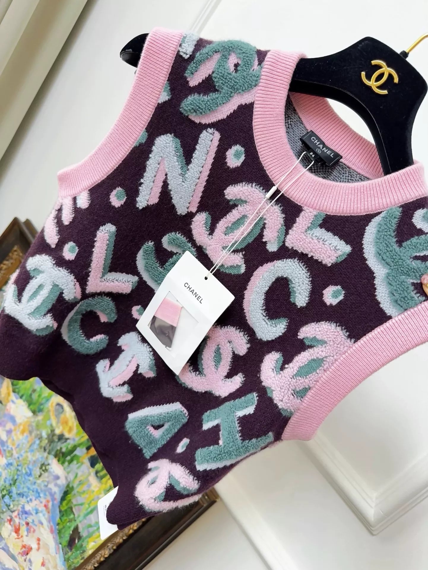 Chanel 22N pink and purple full logo ski series knitted top