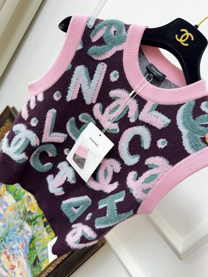 Chanel 22N pink and purple full logo ski series knitted top