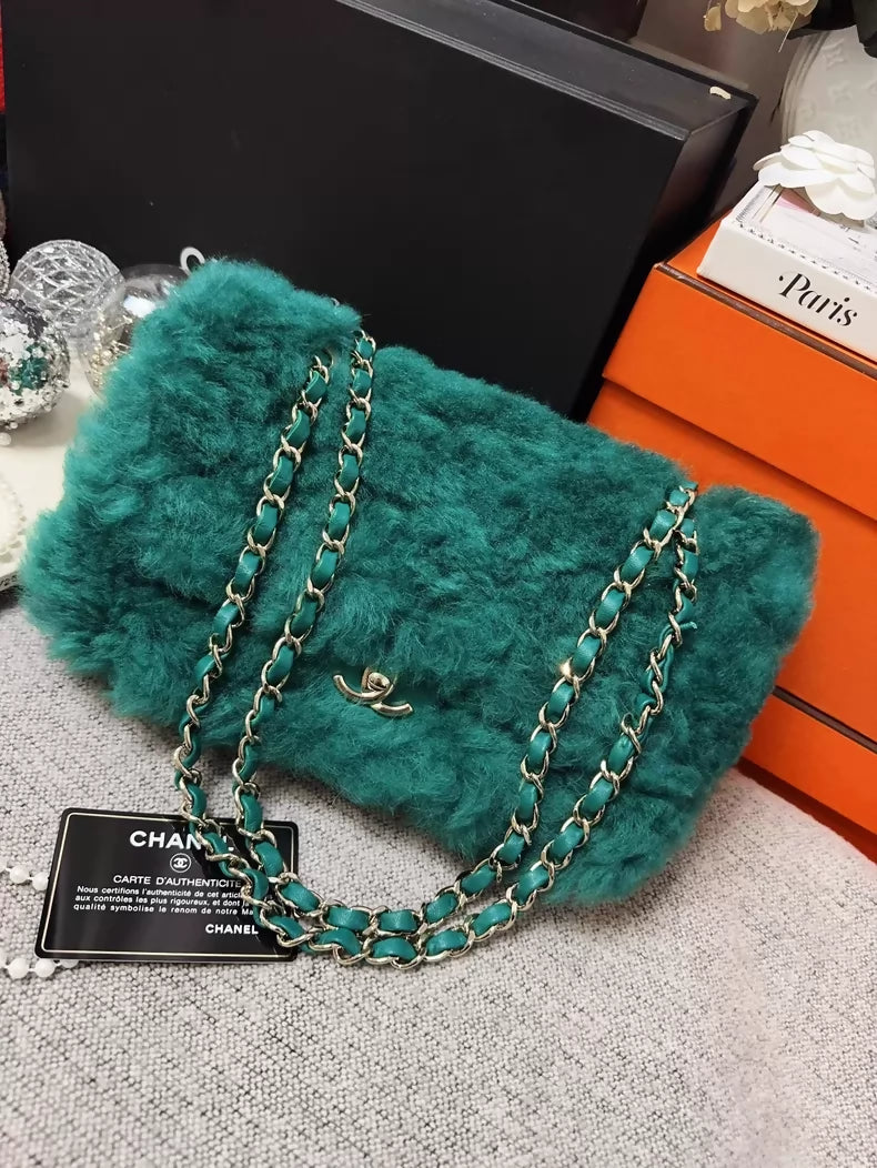 Chanel 19K green vintage quilted fur CF chain crossbody bag