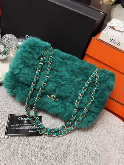 Chanel 19K green vintage quilted fur CF chain crossbody bag