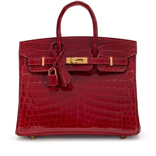 Hermes birkin 25 Red shiny crocodile leather gold hardware