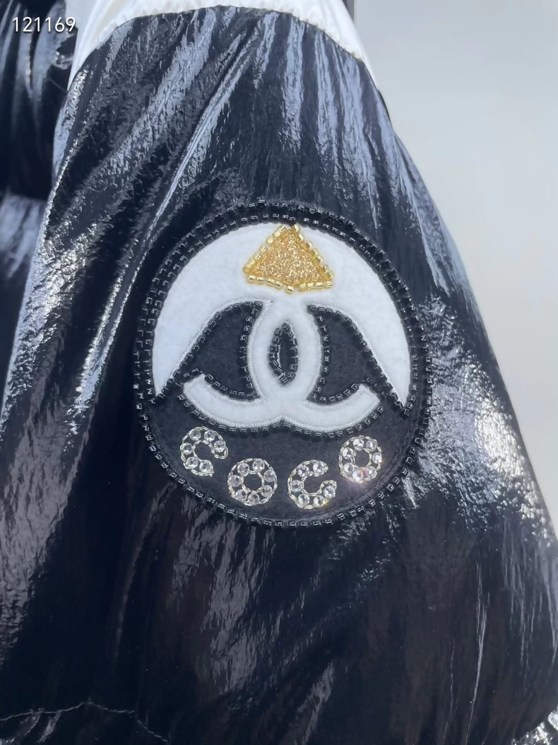 Chanel 25N black and white hooded down jacket
