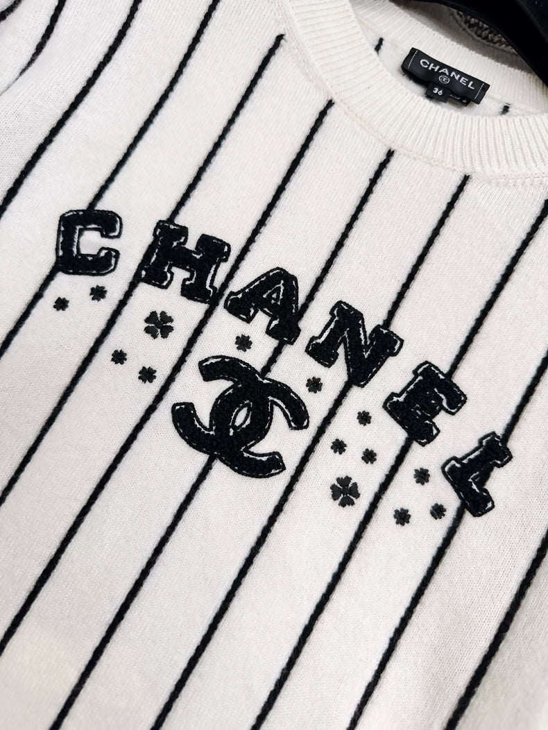 Chanel 23p white and black Striped Cashmere Sweater