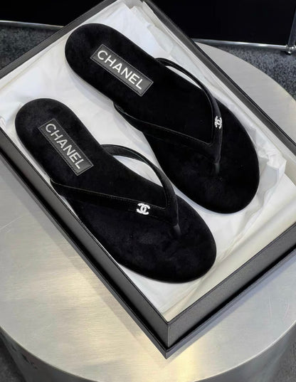 Chanel 24S black velvet diamond CC slippers