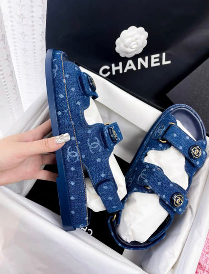 Chanel 23p denim blue double C polka dot Velcro dad sandals