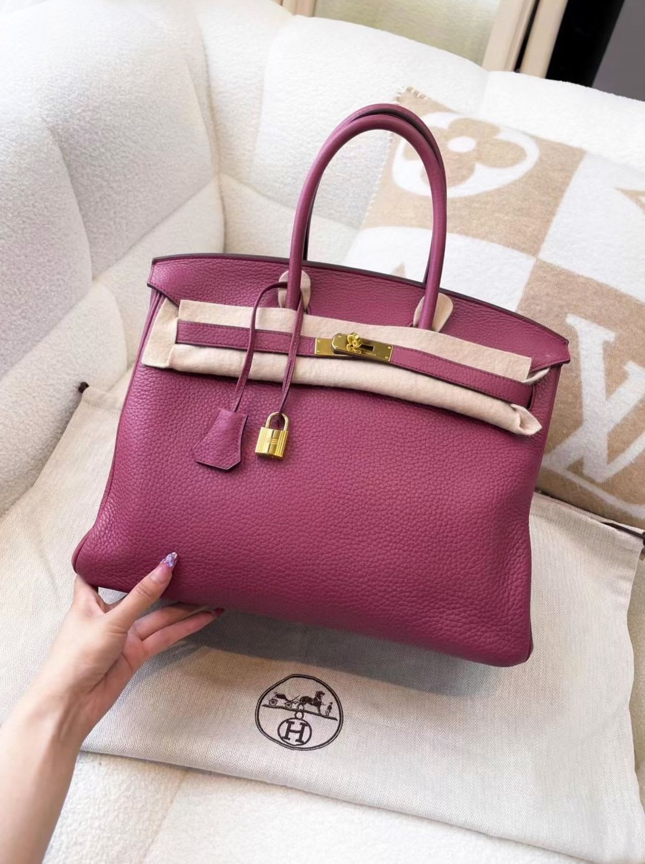 Hermès Hermes Birkin 35, K5 Tosca Purple Gold Buckle - 35 Tote Bag - Vintage fashion from Wararni