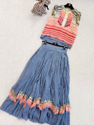 Chanel 2014 Paris Dallas runway Pink Blue silk top and skirt