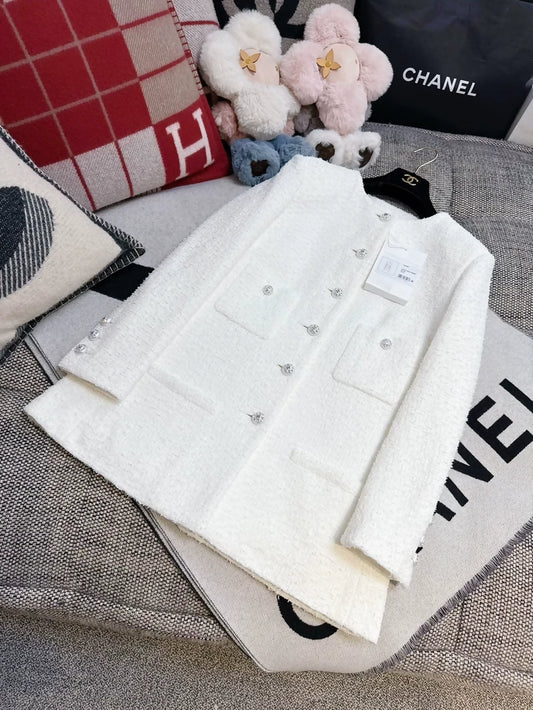 Chanel 23S White tweed jacket with rhinestone buttons