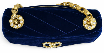 Chanel 1991-1994 Navy Blue Velvet Crystal 24K Bijoux Mini Square Chevron Classic Flap Bag
