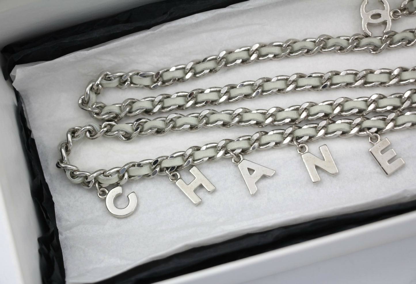 Chanel Vintage 09C Leather-threaded Metal Olive Green and Silver Waist Chain L91