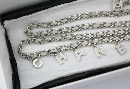 Chanel Vintage 09C Leather-threaded Metal Olive Green and Silver Waist Chain L91