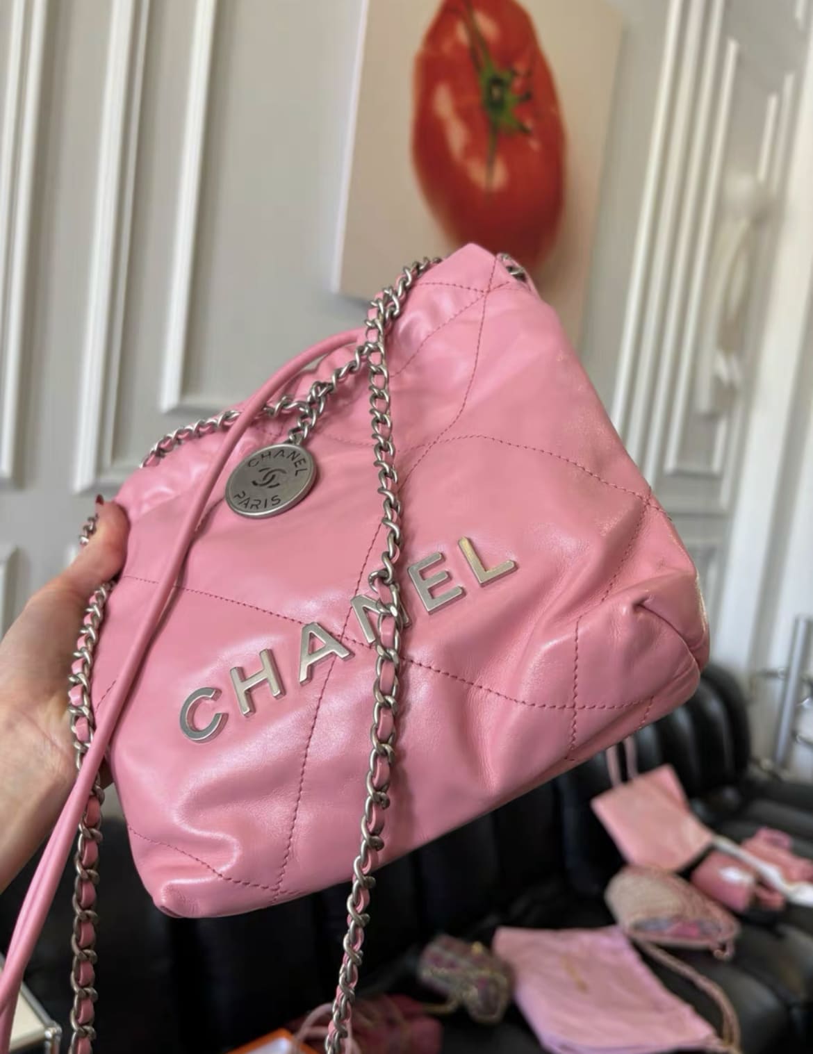 Chanel Mini 22 Bag Pink Calfskin Silver Hardware