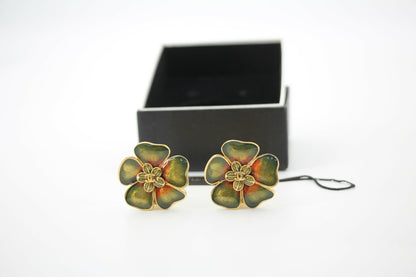 Chanel Vintage 03P Gripoix Green Orange Floral CC Clip-on Earrings