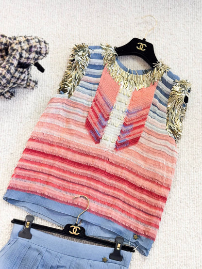 Chanel 2014 Paris Dallas runway Pink Blue silk top and skirt