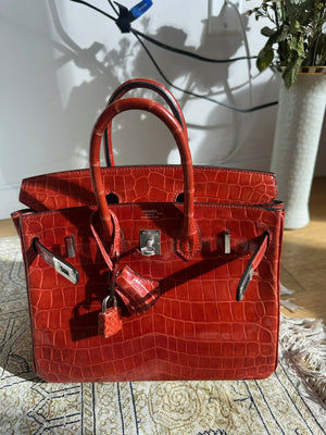 Hermes Birkin 25 Braise Shiny Niloticus Crocodile Leather Palladium Hardware