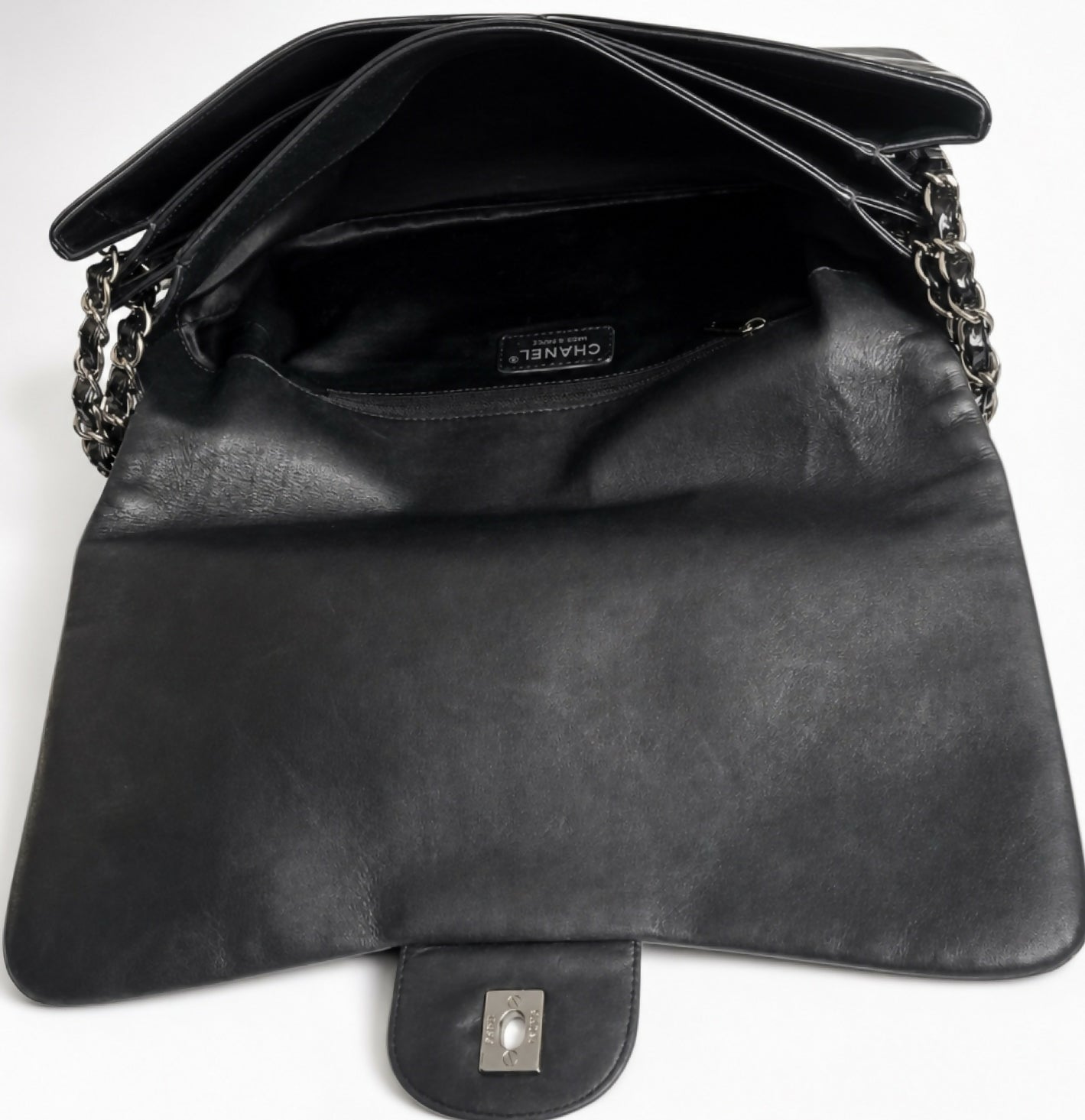 Chanel 10A Paris-Shanghai Jumbo Black Patent Leather Camellia Petals Accordion Flap Bag SHW