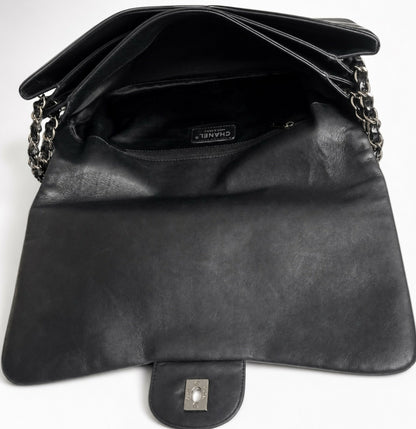 Chanel 10A Paris-Shanghai Jumbo Black Patent Leather Camellia Petals Accordion Flap Bag SHW