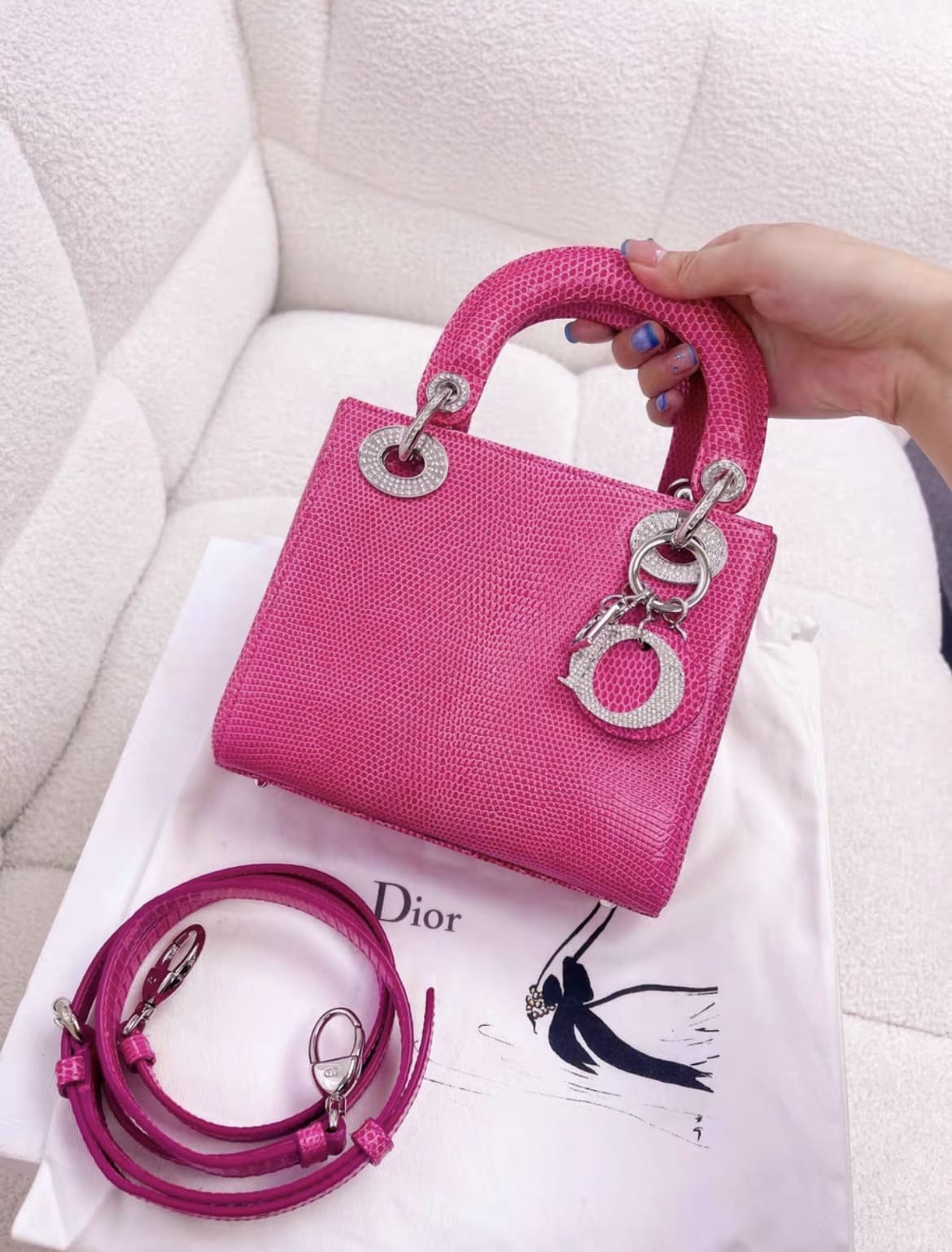 DIOR Christian Dior Lady Dior Bag Pink Lizard with Crystal Charms Mini - Small Crossbody Bag - Vintage fashion from Wararni