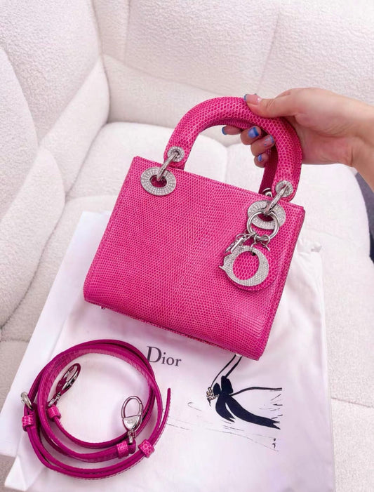 DIOR Christian Dior Lady Dior Bag Pink Lizard with Crystal Charms Mini - Small Crossbody Bag - Vintage fashion from Wararni