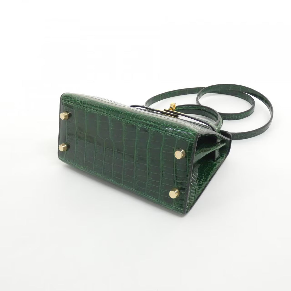Rare Vintage Hermes Mini kelly 20 Green Emerald Shiny Crocodile leather gold hardware