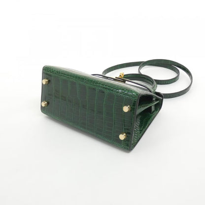 Rare Vintage Hermes Mini kelly 20 Green Emerald Shiny Crocodile leather gold hardware