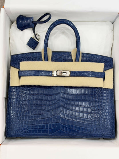 Hermès Birkin 25 Indigo Blue Dye / Bleu Indigo Shiny Porosus Crocodile with Palladium Hardware B Stamp