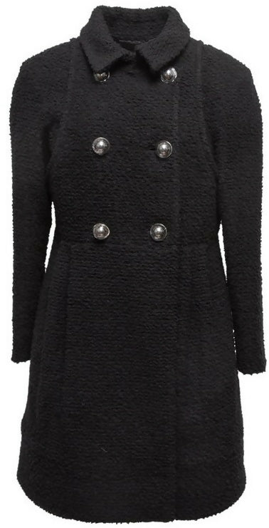 Chanel 17A Space Station Black Boucle Wool Double Breast Long Wool Coat FR 38