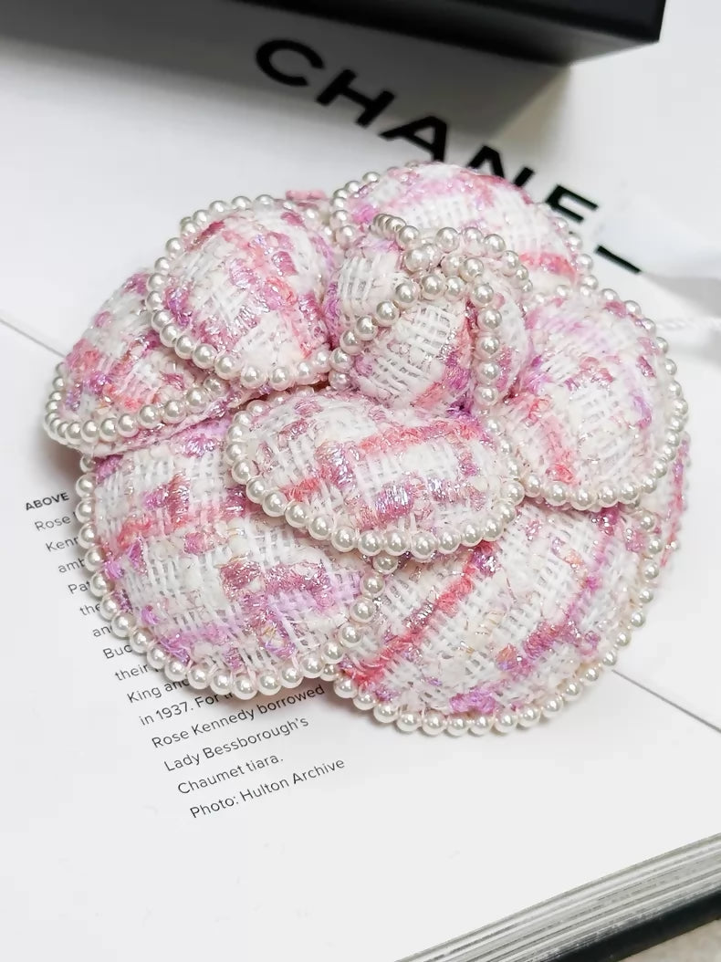 Chanel 25P pink tweed pearl camellia brooch