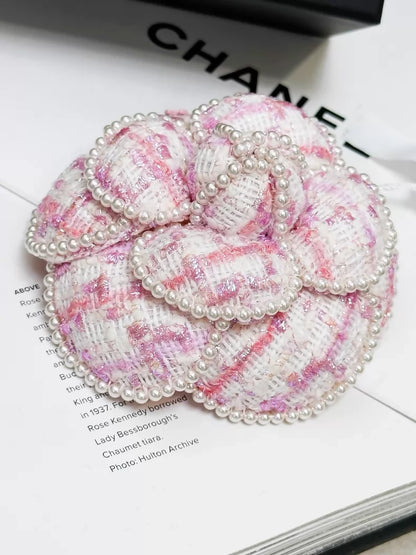 Chanel 25P pink tweed pearl camellia brooch