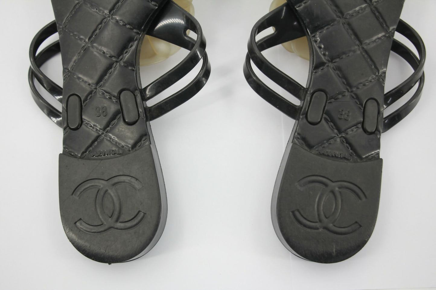 Chanel Rubber Black Leather Cream Camellia Sandals