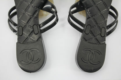 Chanel Rubber Black Leather Cream Camellia Sandals