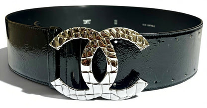 Chanel 07P Black Patent Silver Oversized CC Croc Embossed Logo Wide Belt Size 90/36