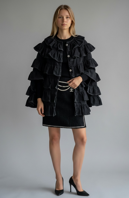 Rare Chanel 24A Paris Manchester Runway Black Denim Coat Jacket Cape FR 36