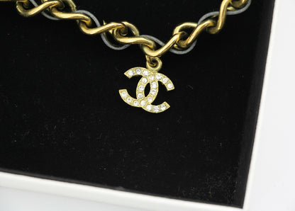 Chanel Vintage 95P Rhinestone Gold-plated Black Leather Chain CC Choker