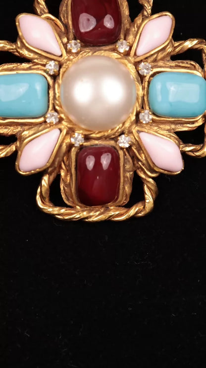 Chanel 1997 Pastel Blue Glazed Glass Rhinestone Brooch Pendant