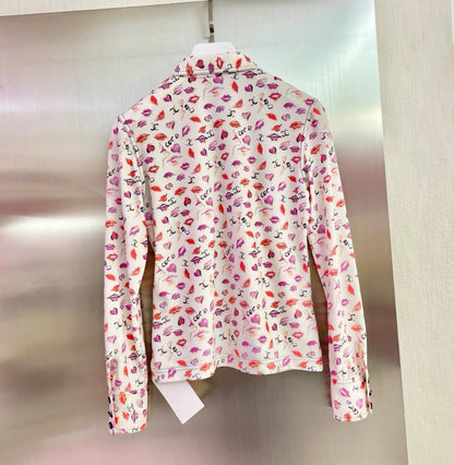 CHANEL Lips Front Opening Long Sleeve Tops Shirt White Pink