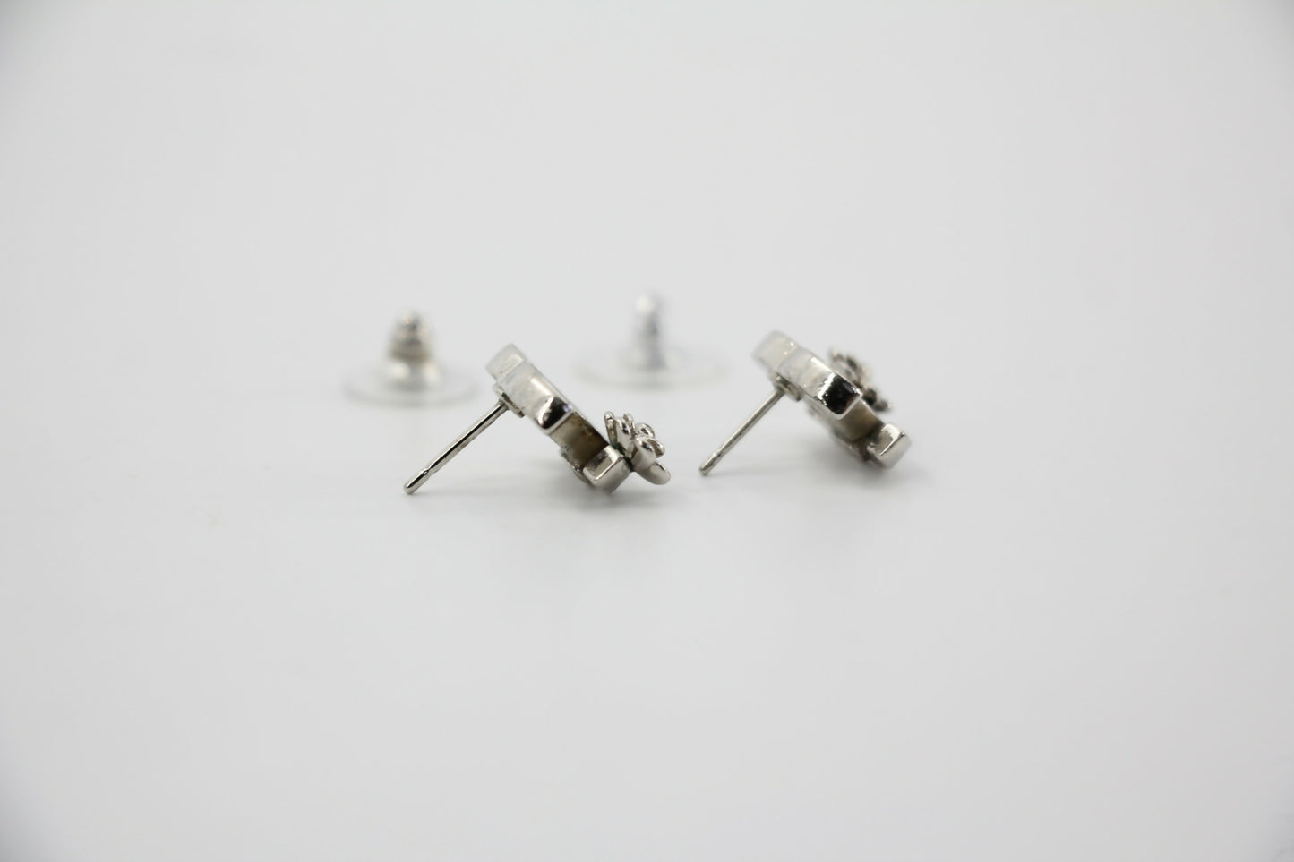 Chanel Vintage 07P Metal Black and Silver Camellia Stud Earrings