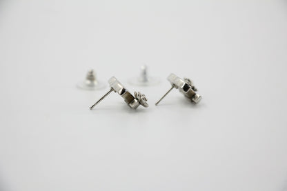 Chanel Vintage 07P Metal Black and Silver Camellia Stud Earrings